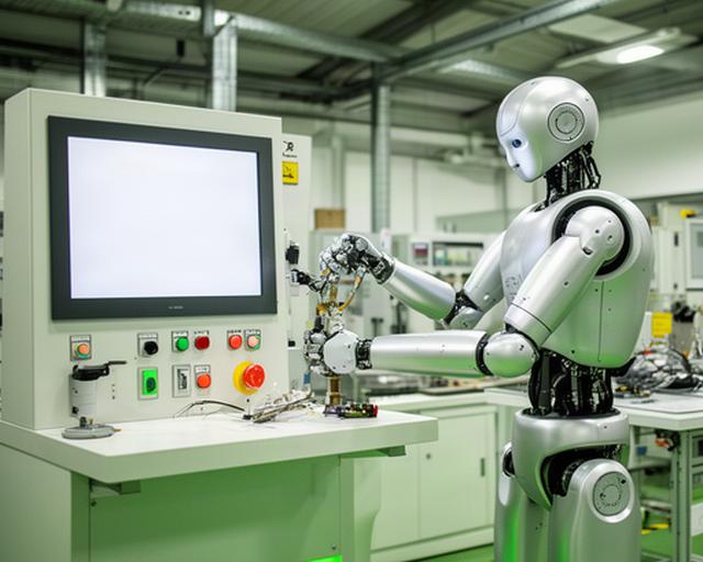 Robot humanoide bípedo realizando una demostración de manipulación en unas instalaciones técnicas de Galicia, con iluminación industrial y panel de control visible