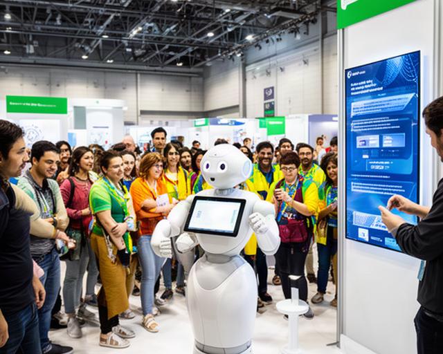 Robot humanoide interactuando con visitantes en una feria tecnológica, con pantalla informativa y público diverso observando la demostración